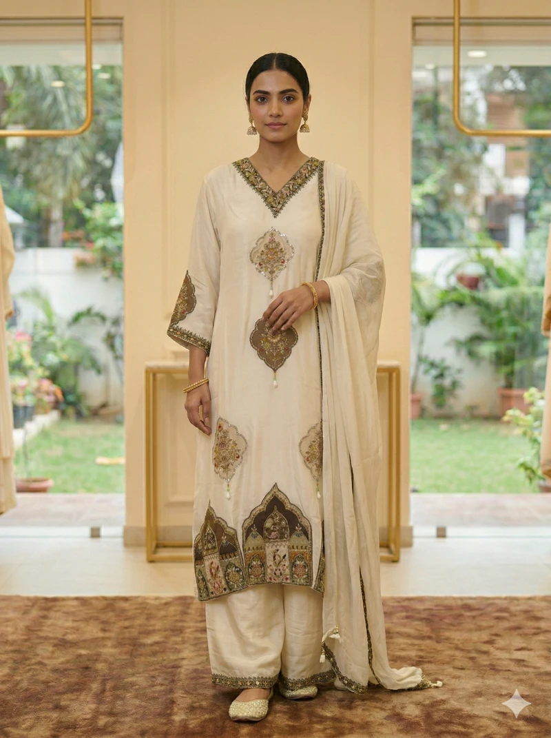 Elegant Off-White Silk Kaftan Set with Intricate Zari Embroidery and Mughal-Inspired Appliqué Work