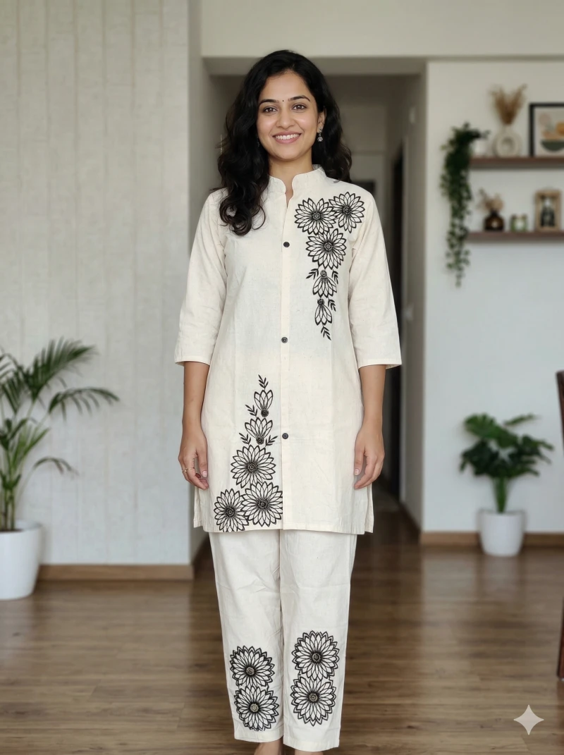Floral Embroidered Khadi Cotton Kurta with Trousers