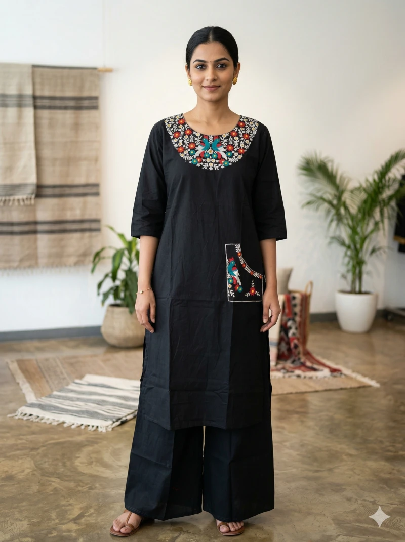 Women Black Ethnic Motifs Embroidered Pure Cotton Kurta with Palazzos