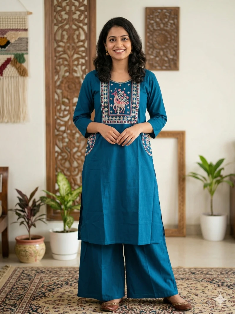 Women teal Blue Embroidered Pure Cotton Kurta with Palazzos