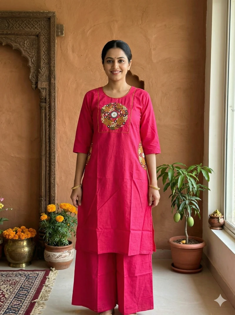 Women Magenta Pink Embroidered Pure Cotton Kurta with Palazzos