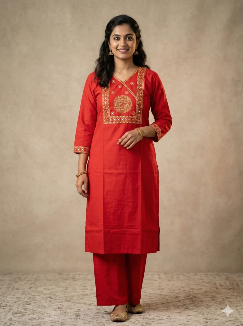 Women's Red Mirror Work Cotton Kurta with Palazzo Set