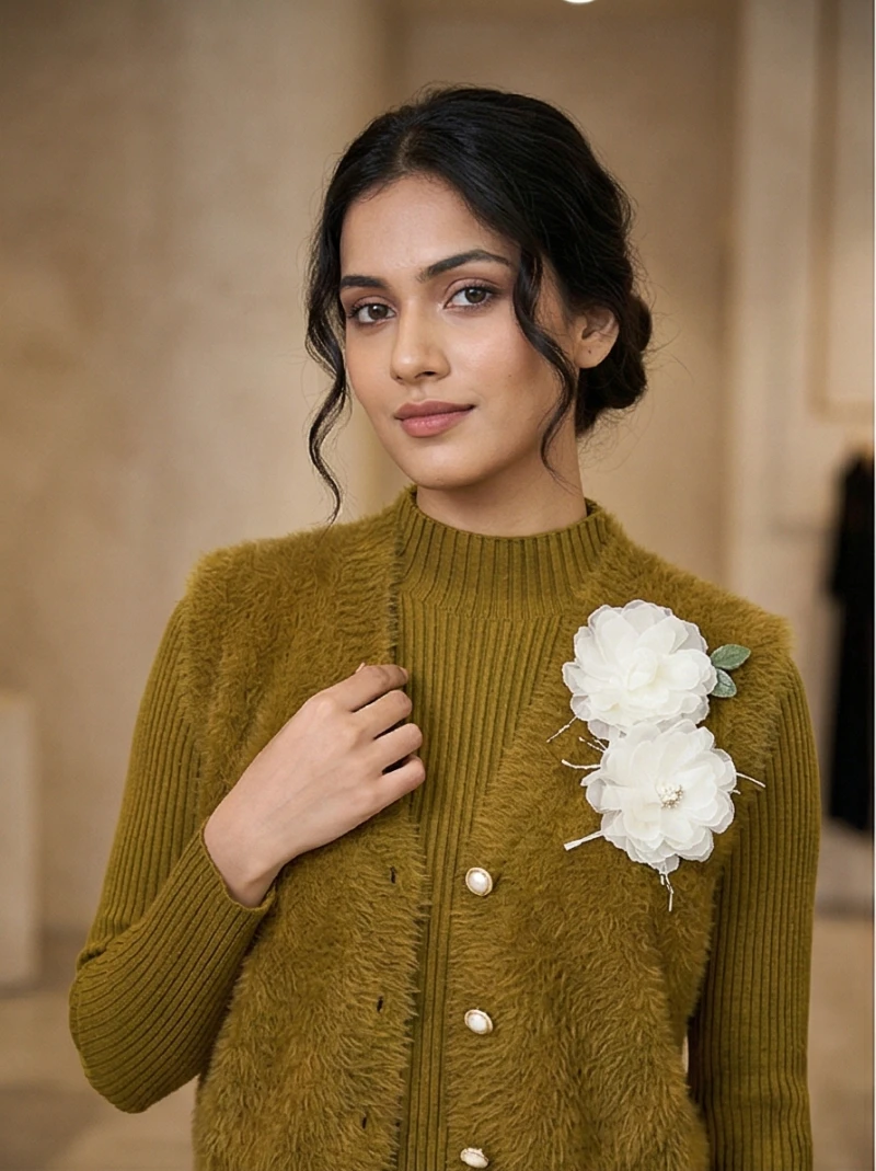 Women Olive Green Ribbed Knit Floral Applique Midi Co-ord Set