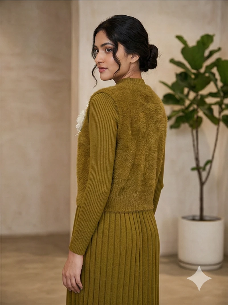 Women Olive Green Ribbed Knit Floral Applique Midi Co-ord Set