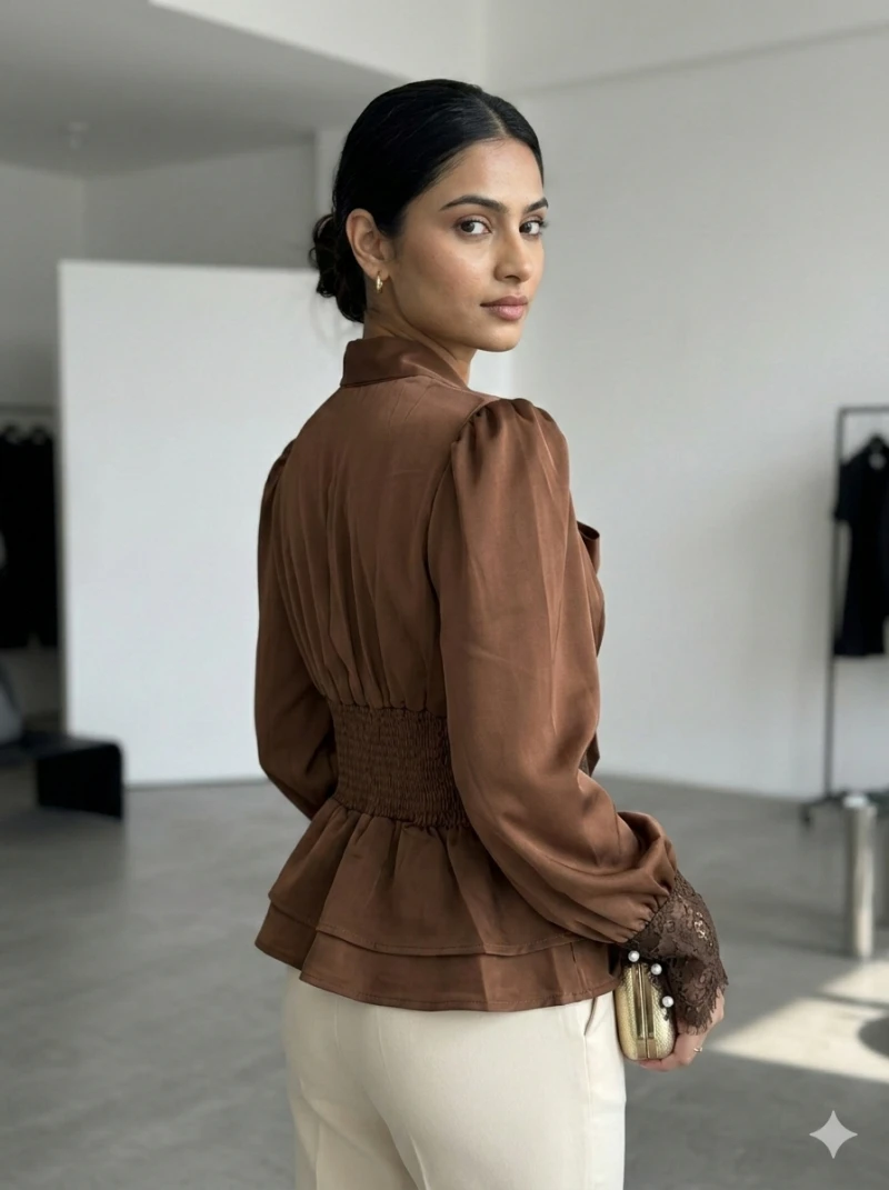 Women Brown Satin Finish Tie-Up Neck Peplum Top