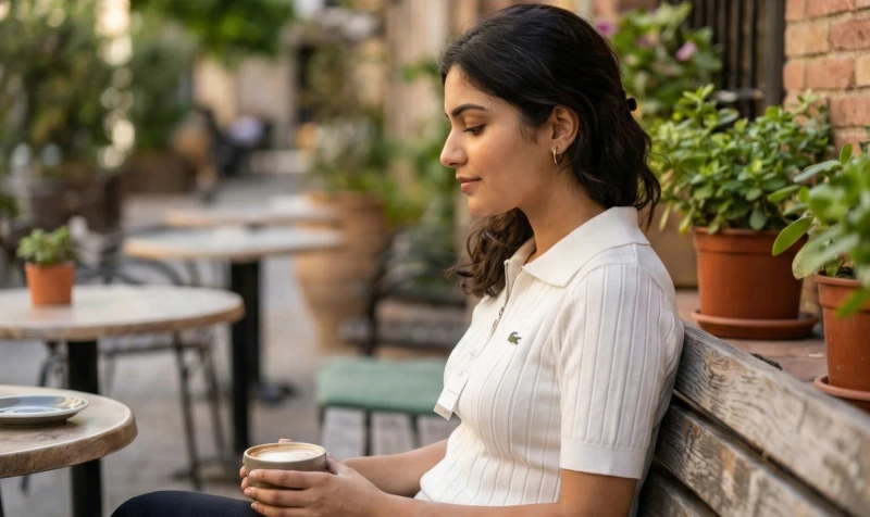 Women's White Ribbed Knit Half-Zip Polo T-Shirt