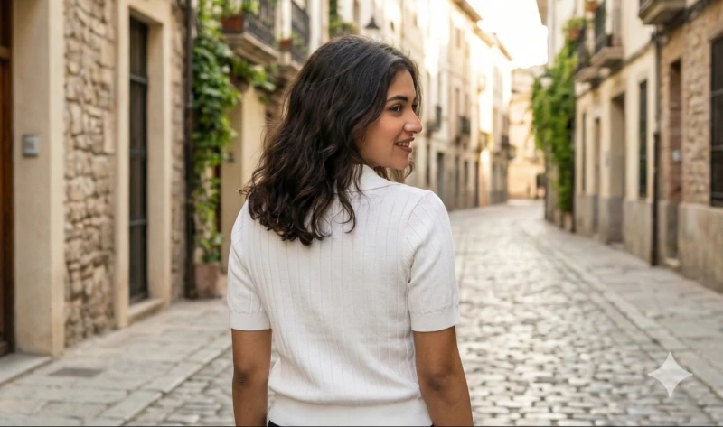 Women's White Ribbed Knit Half-Zip Polo T-Shirt