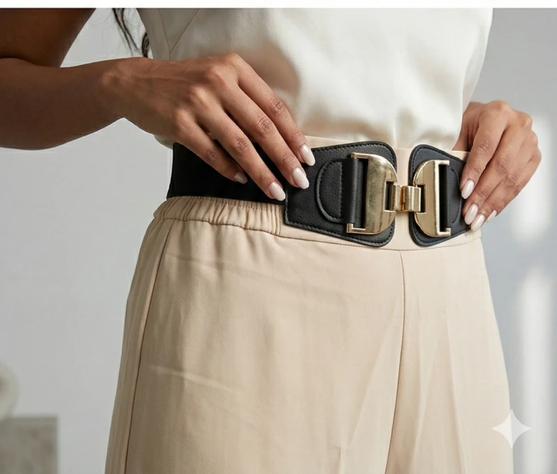 Cream Flowy Palazzo Pants with Gold-Buckle Belt