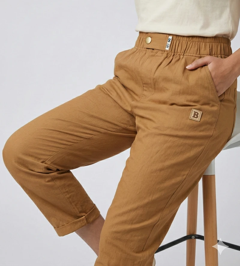 Women Camel Brown Solid Relaxed Fit Trousers