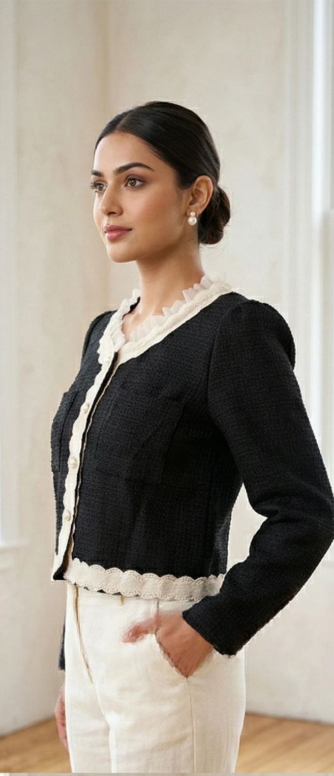 Black Woven Tweed top with Ruffle Collar & Pearl Buttons