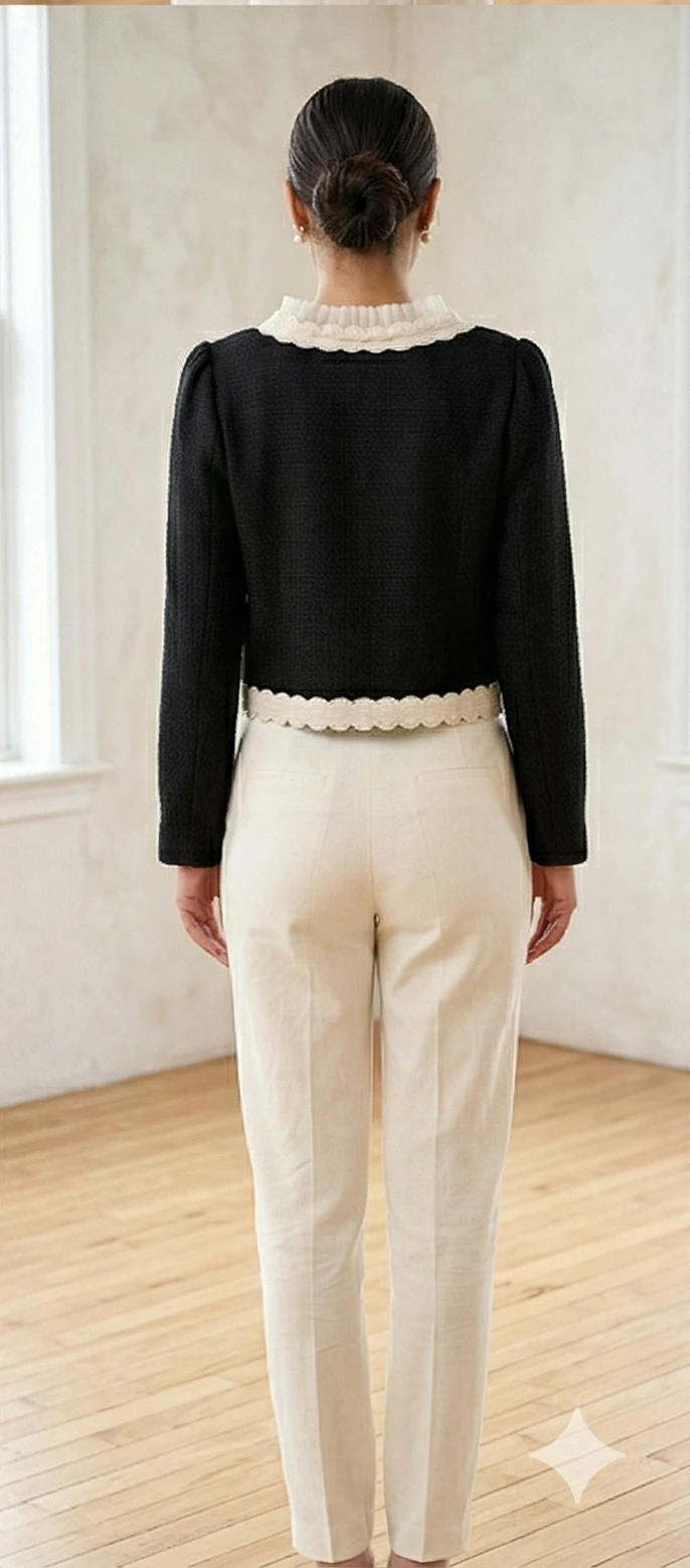 Black Woven Tweed top with Ruffle Collar & Pearl Buttons