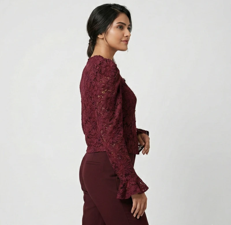 Wine Red Scalloped Lace Peplum Top with Puffed Shoulders and Bell Sleeves