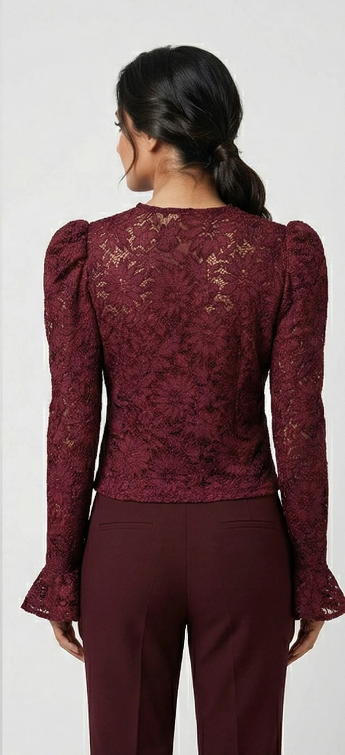 Wine Red Scalloped Lace Peplum Top with Puffed Shoulders and Bell Sleeves