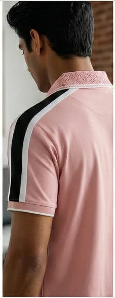 Men's Dusty Pink Slim-Fit Polo Shirt with Contrast Racing Stripes and Textured Collar