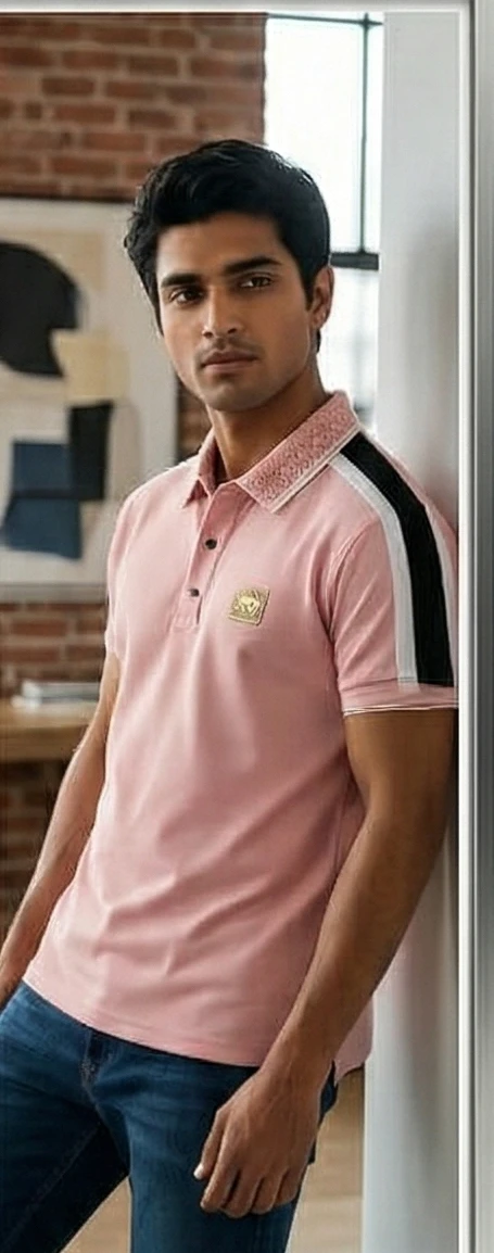 Men's Dusty Pink Slim-Fit Polo Shirt with Contrast Racing Stripes and Textured Collar