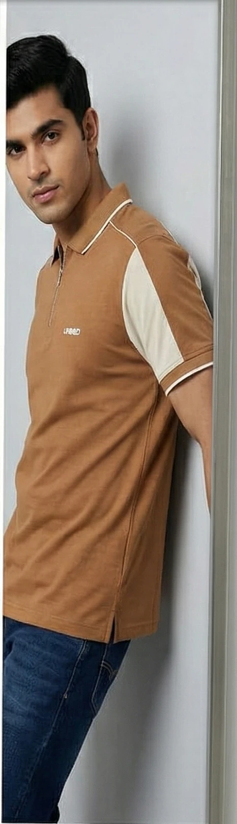 The Urban Nomad Zip Polo: Camel with Contrast Paneled Sleeves