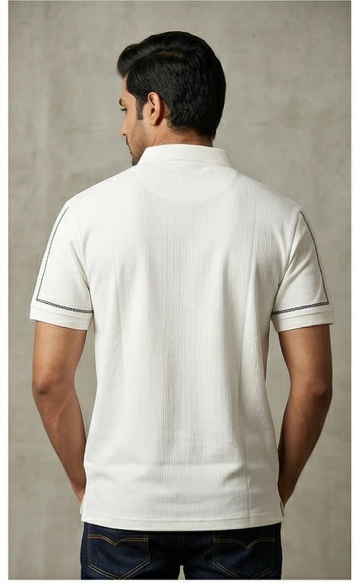 Men’s Off-White Textured Polo Shirt with "Step Up" Sleeve Detail – Slim Fit
