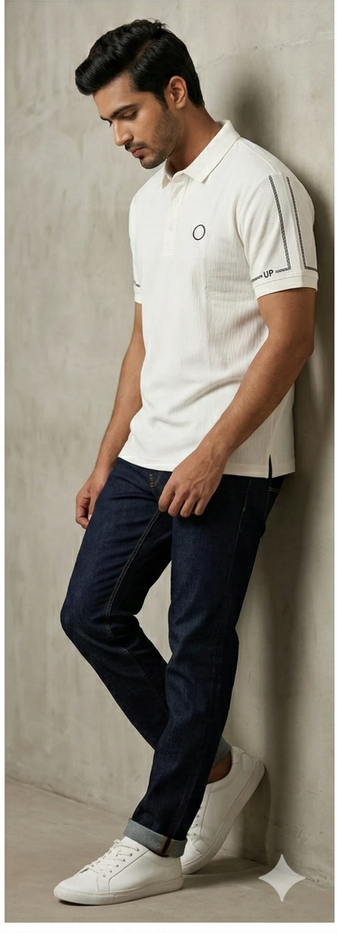 Men’s Off-White Textured Polo Shirt with "Step Up" Sleeve Detail – Slim Fit