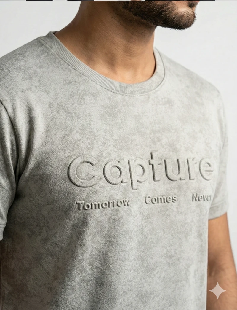 CAPTURE Men Grey Suede-Finish Embossed Typography T-shirt