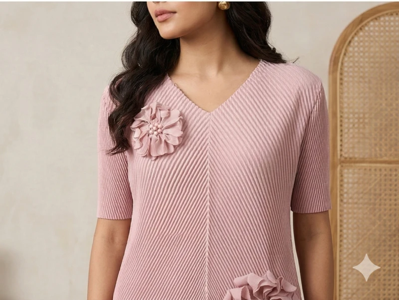 Women's pastel lavender  Pleated Co-ord Set – V-Neck Tunic with Floral Appliqué and Matching Trousers