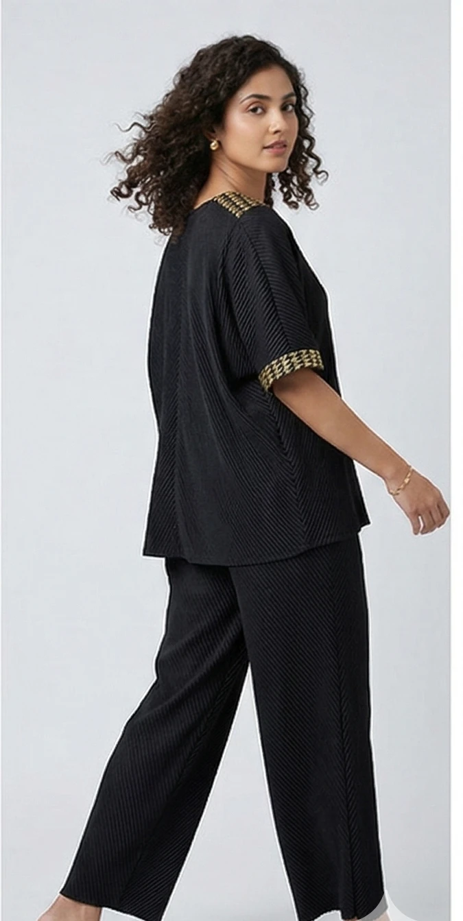 Women's Black Pleated Set – V-Neck Short Sleeve Tunic with Gold Trim & Matching Wide Leg Trousers