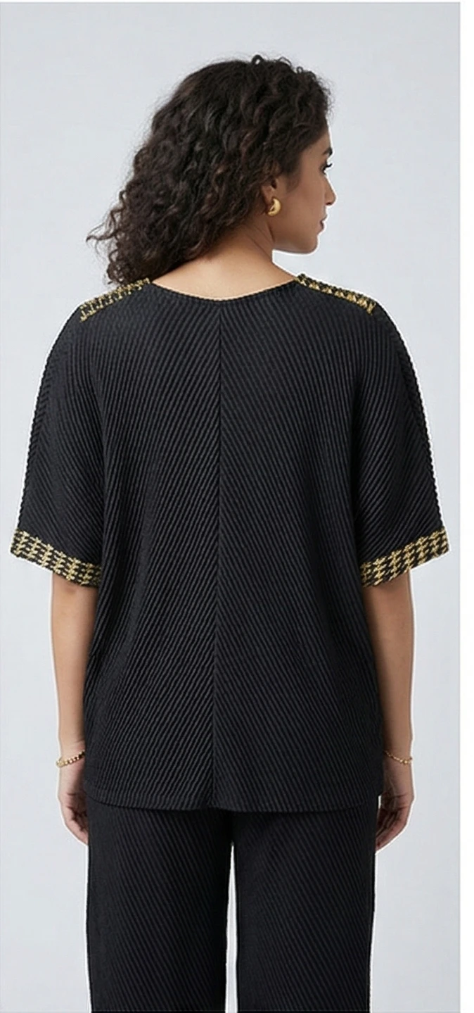 Women's Black Pleated Set – V-Neck Short Sleeve Tunic with Gold Trim & Matching Wide Leg Trousers