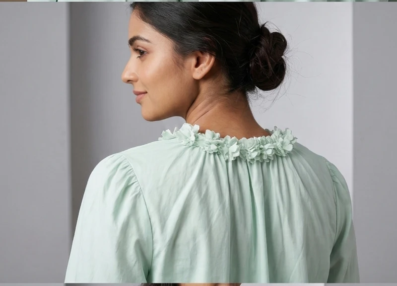 Women’s Mint Green Cotton top with Floral Appliqué Ruffle Neck and Tassel Ties