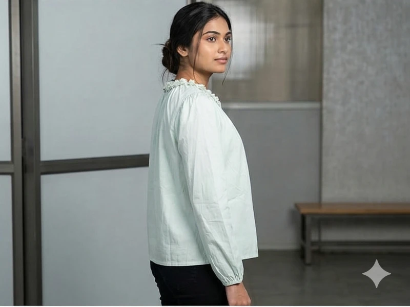 Women’s Mint Green Cotton top with Floral Appliqué Ruffle Neck and Tassel Ties