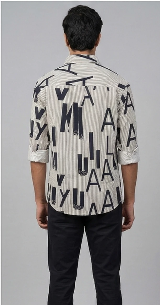 Alphabet Print Pinstripe Utility Shirt with Dual Pockets