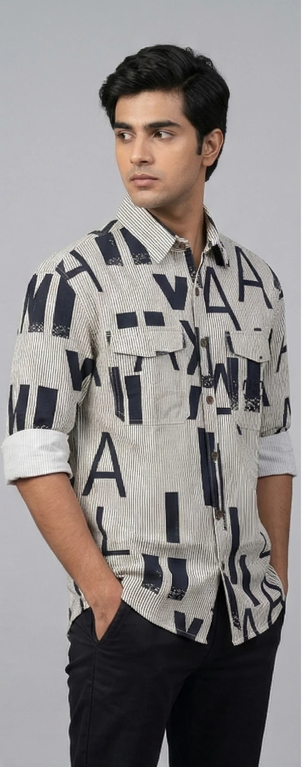 Alphabet Print Pinstripe Utility Shirt with Dual Pockets