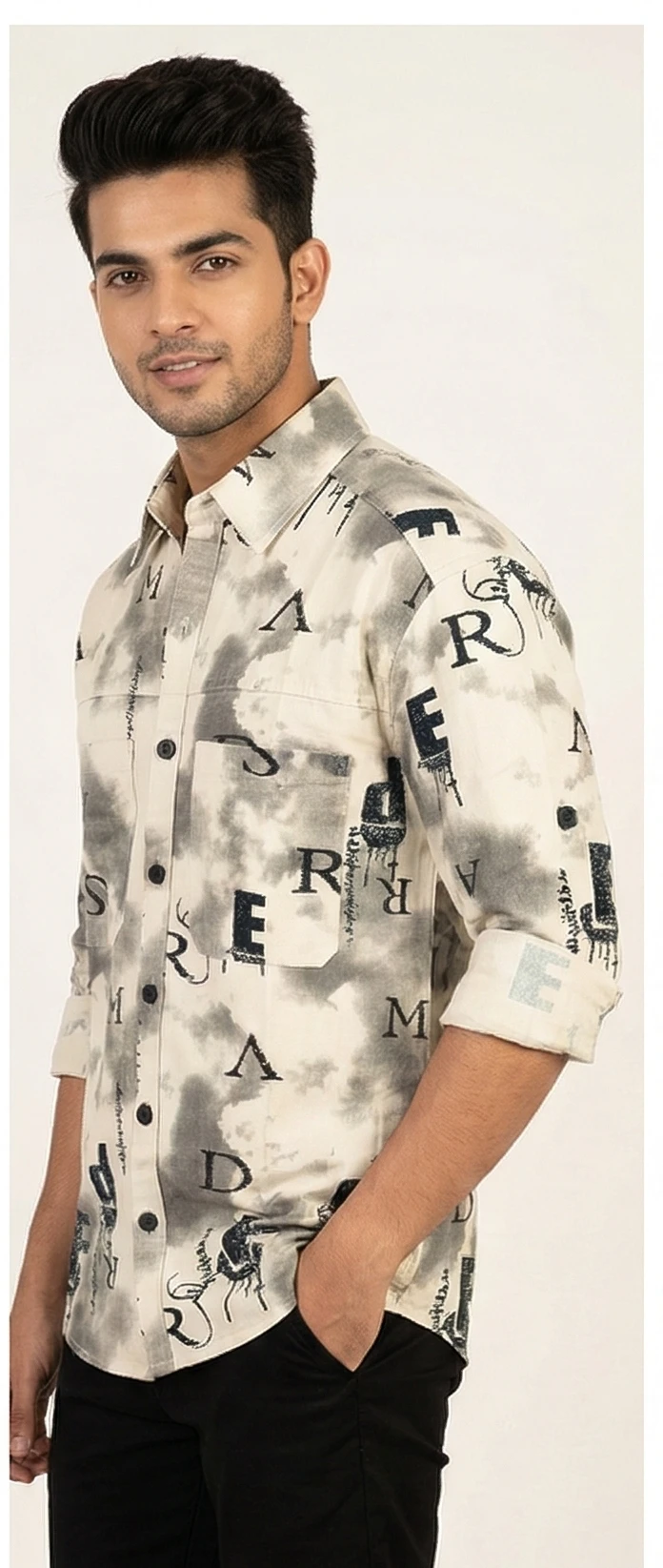 Men Off-White & Grey Typography Printed Tie-Dye Casual Shirt