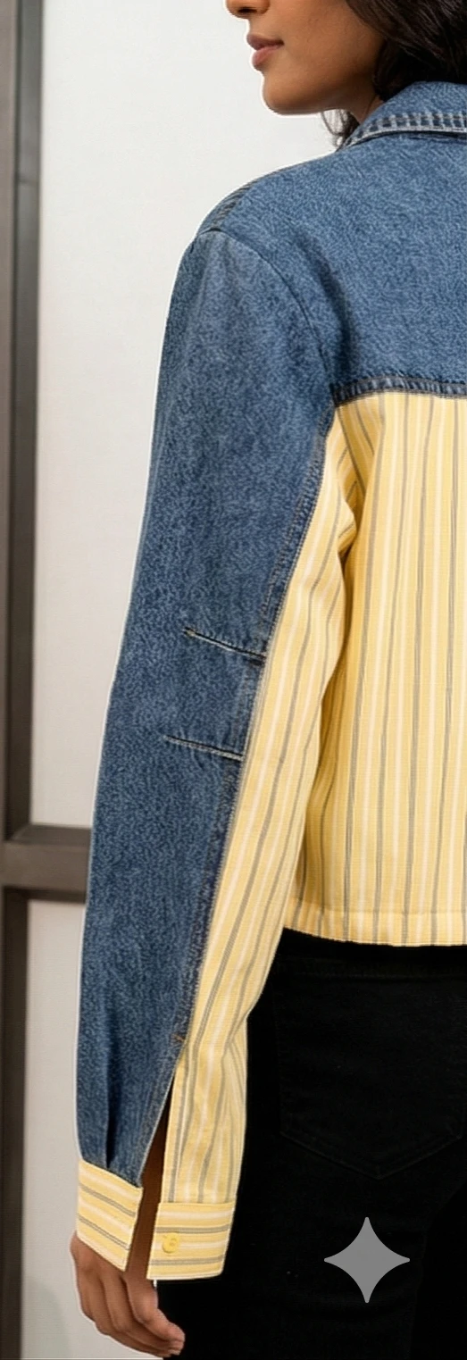 Yellow Stripe & Denim Patchwork Cropped Shirt-Jacket