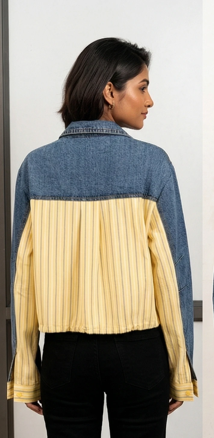 Yellow Stripe & Denim Patchwork Cropped Shirt-Jacket