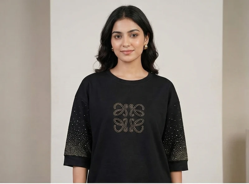 The Midnight Sparkle Co-ord Set: Embellished Quarter-Sleeve Top & Relaxed Fit Pants