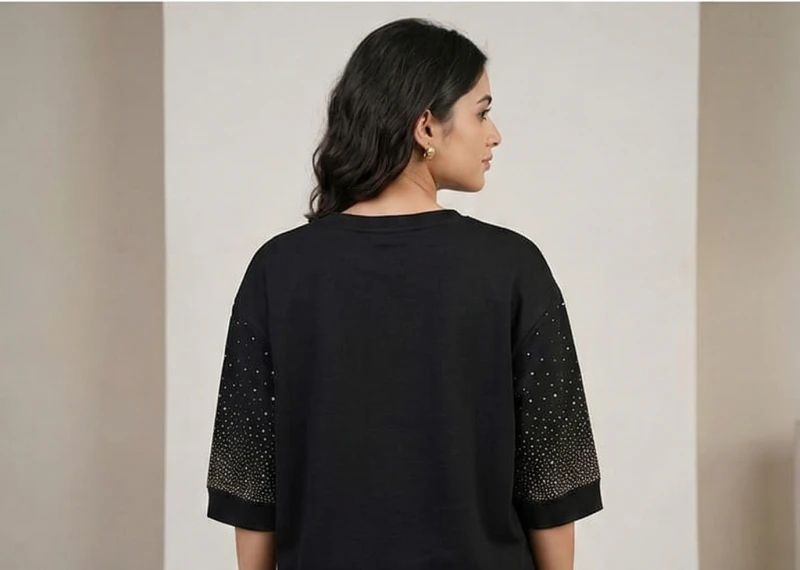 The Midnight Sparkle Co-ord Set: Embellished Quarter-Sleeve Top & Relaxed Fit Pants