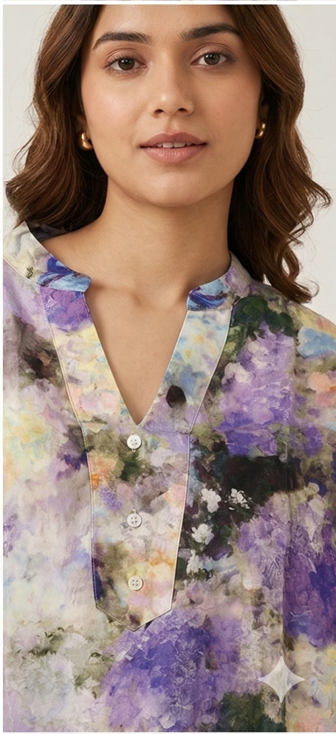 Women's Floral Abstract Print V-Neck Longline Kurti Tunic with Matching Straight Leg Trousers - Purple & Multi