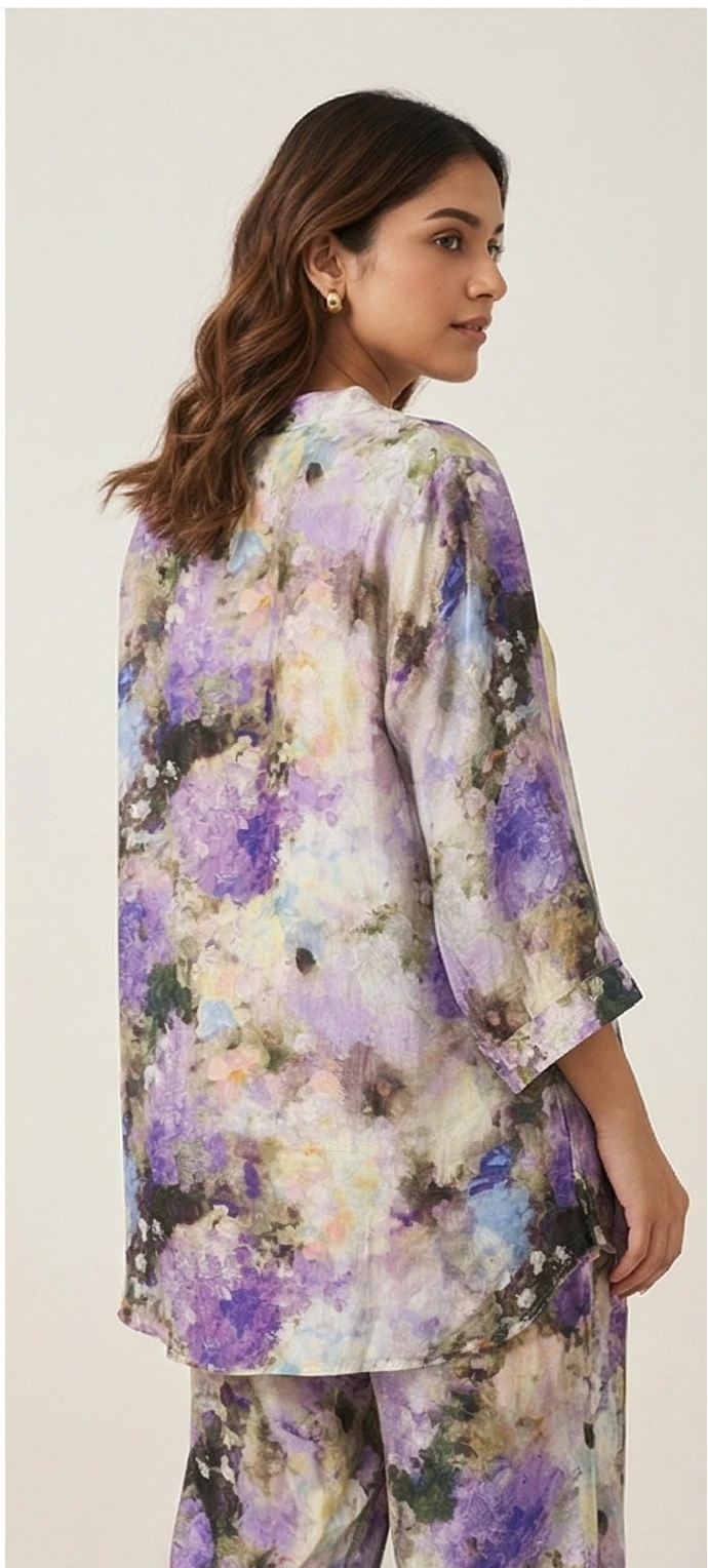 Women's Floral Abstract Print V-Neck Longline Kurti Tunic with Matching Straight Leg Trousers - Purple & Multi