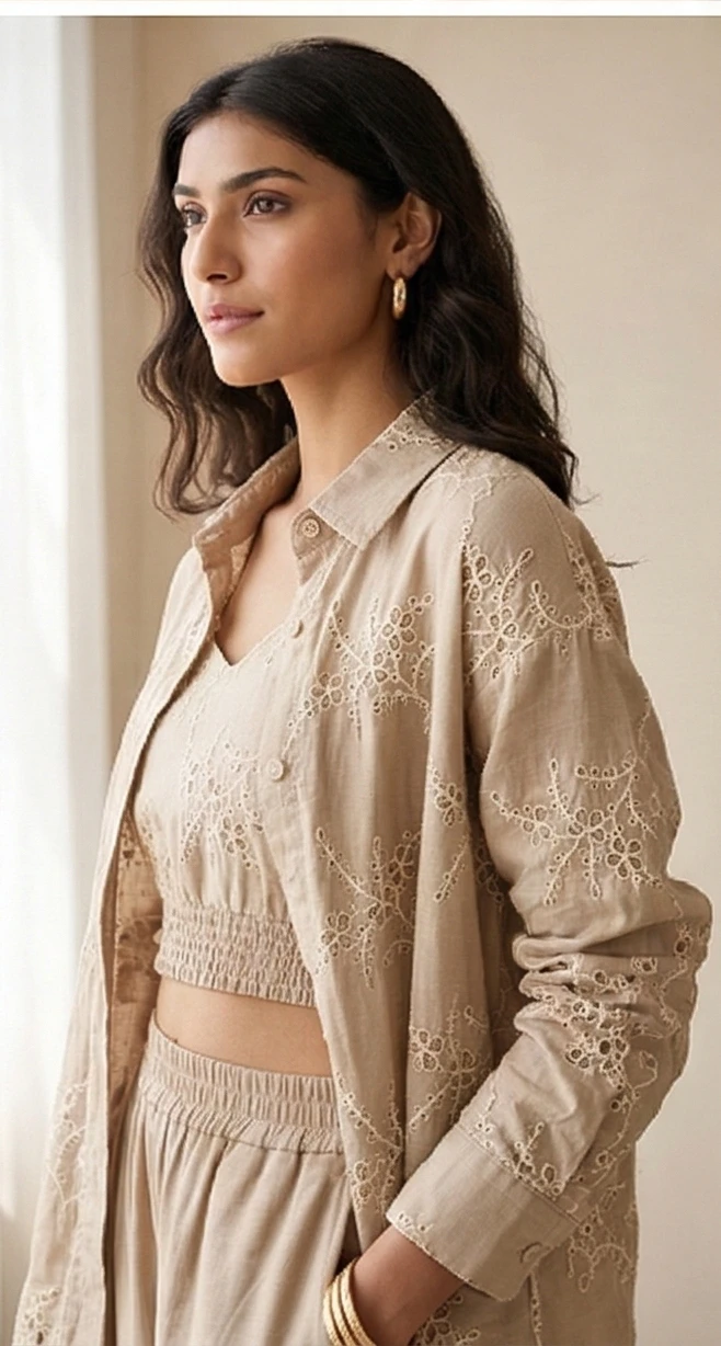 3-Piece Beige Linen-Blend Embroidered Co-ord Set with Crop Top, Shirt, and Trousers