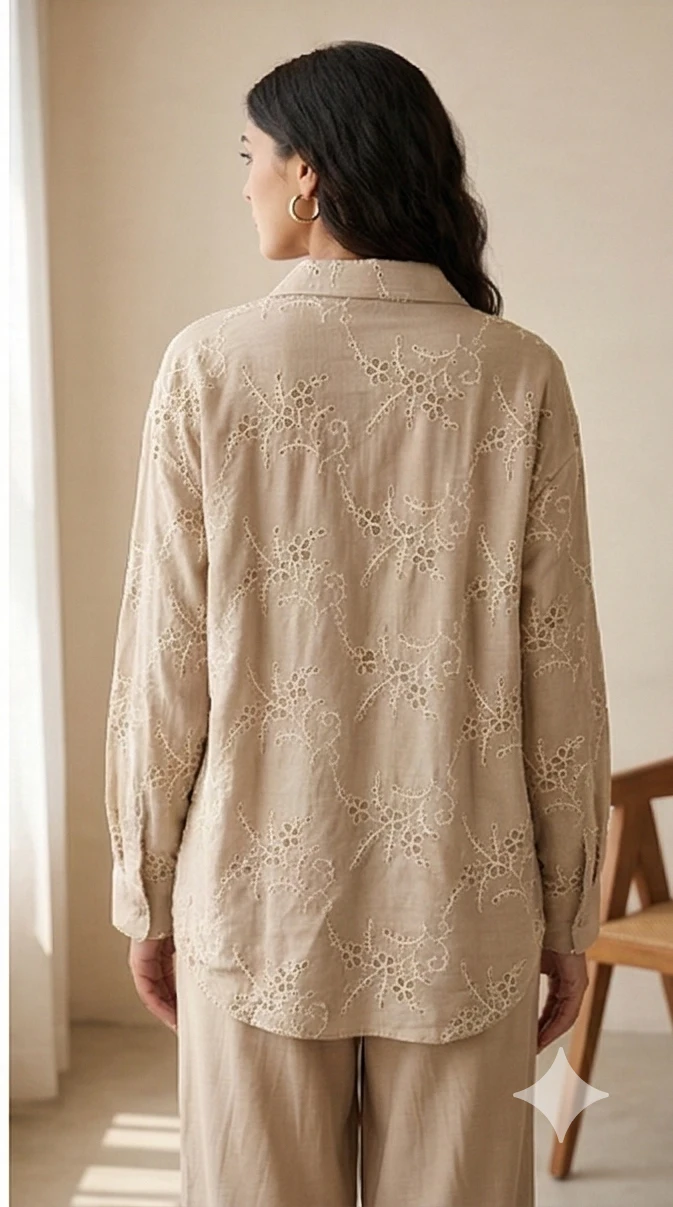 3-Piece Beige Linen-Blend Embroidered Co-ord Set with Crop Top, Shirt, and Trousers