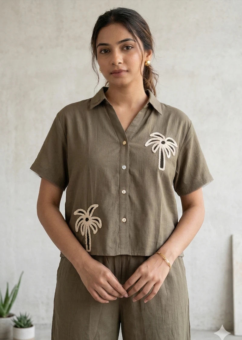 Women's  Thread Embroidered Linen-Blend Co-ord Set in Champagne Ivory