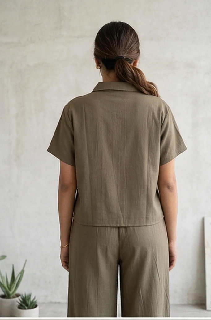 Women's  Thread Embroidered Linen-Blend Co-ord Set in Champagne Ivory