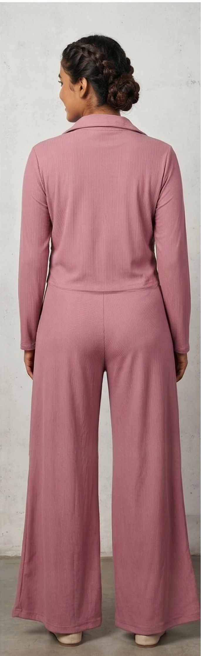 Dusty Rose Rib-Knit Two-Piece Set: Ruched Front Button-Down & High-Waist Flares