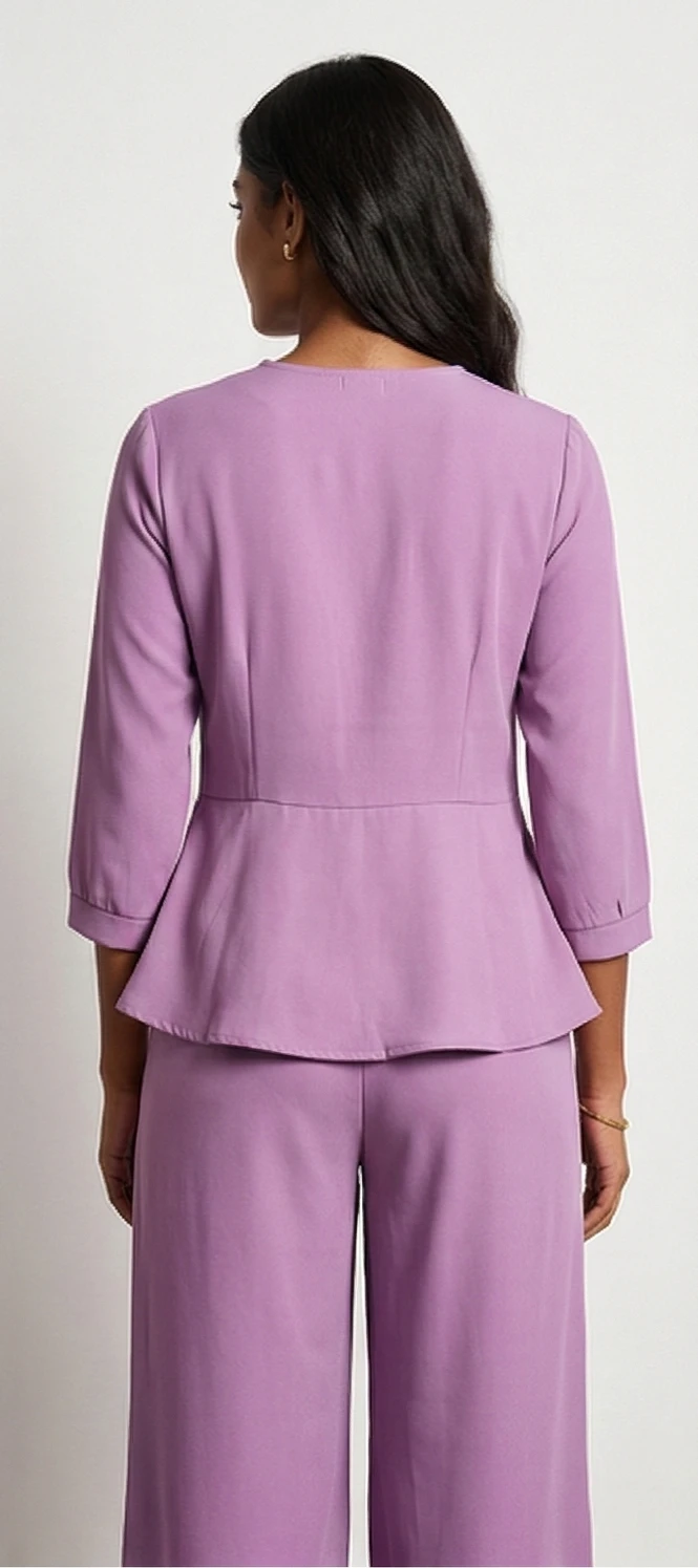 Women’s Lavender Peplum Co-ord Set – Wrap V-Neck Top & Wide-Leg Trousers