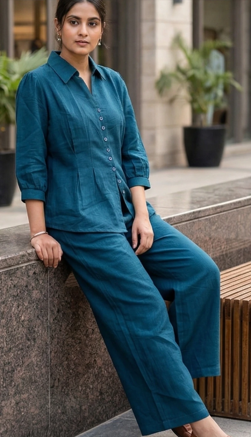 Women’s Teal Blue Linen-Cotton Co-ord Set – Pleated Peplum Shirt & Wide-Leg Trousers