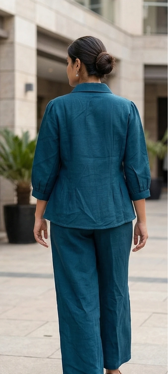 Women’s Teal Blue Linen-Cotton Co-ord Set – Pleated Peplum Shirt & Wide-Leg Trousers