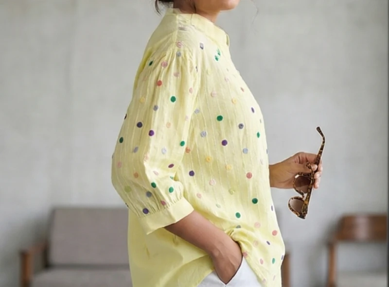 Women's Short-Sleeve Cotton Shirt with Palm Tree Appliqué