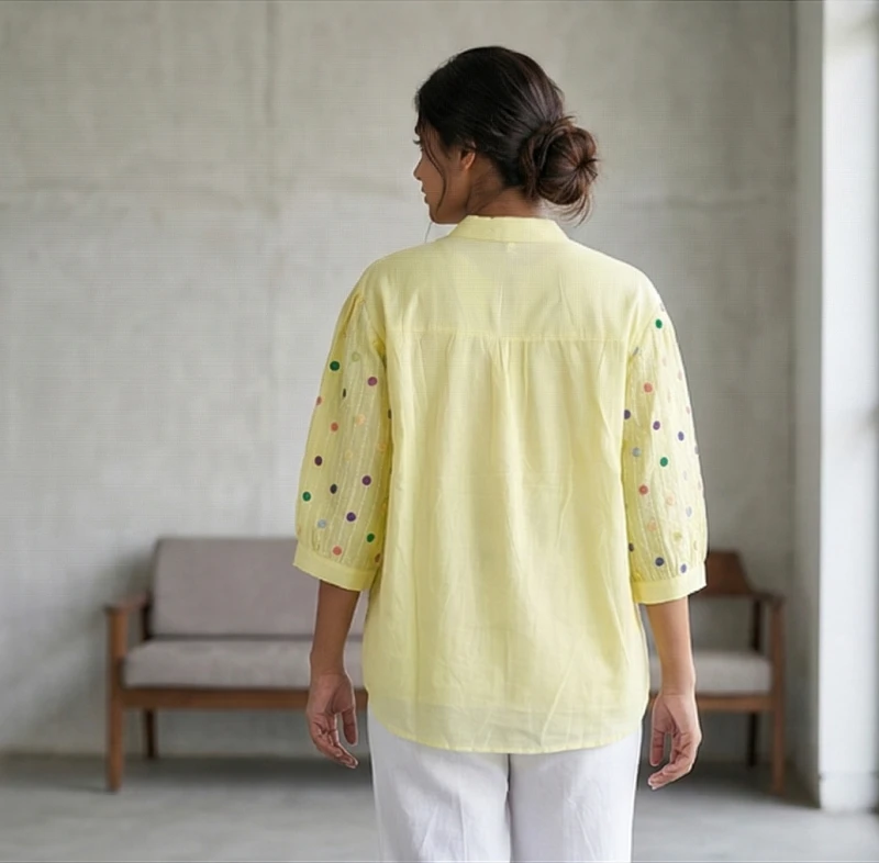 Women's Short-Sleeve Cotton Shirt with Palm Tree Appliqué