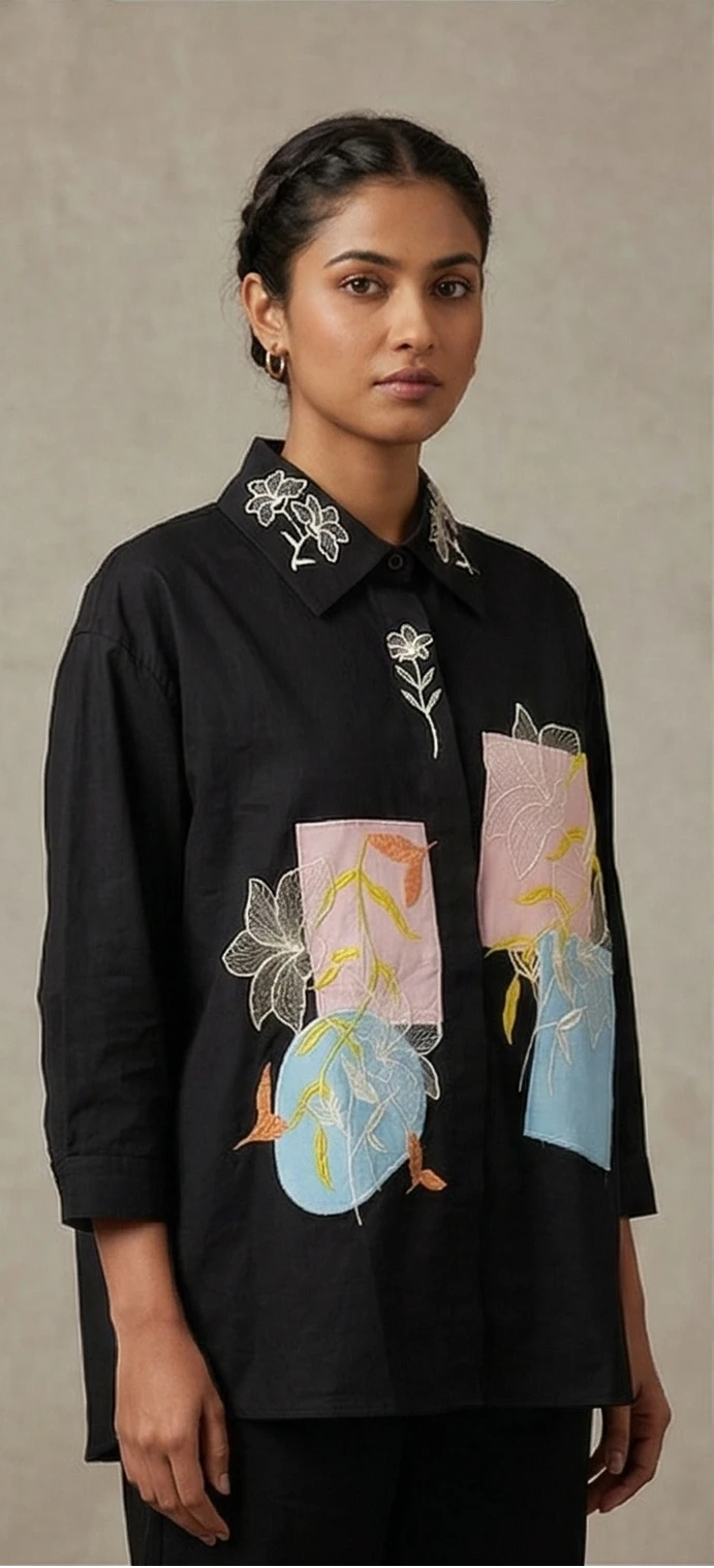 Artisanal Embroidered Collar Shirt – Mixed Media Patchwork Edition