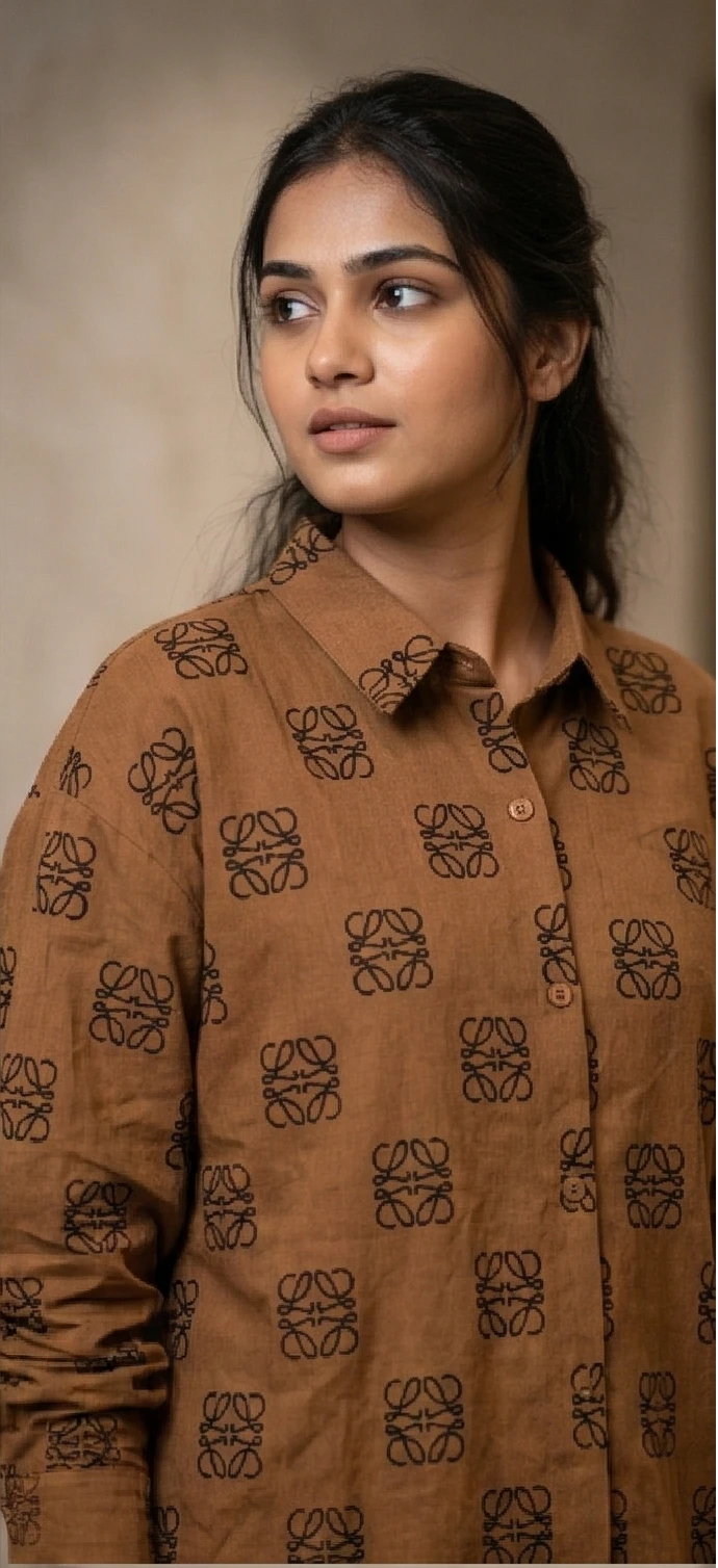 Women’s Tan Monogram Print Co-ord Set - Oversized Button-Down Shirt & Wide-Leg Trousers