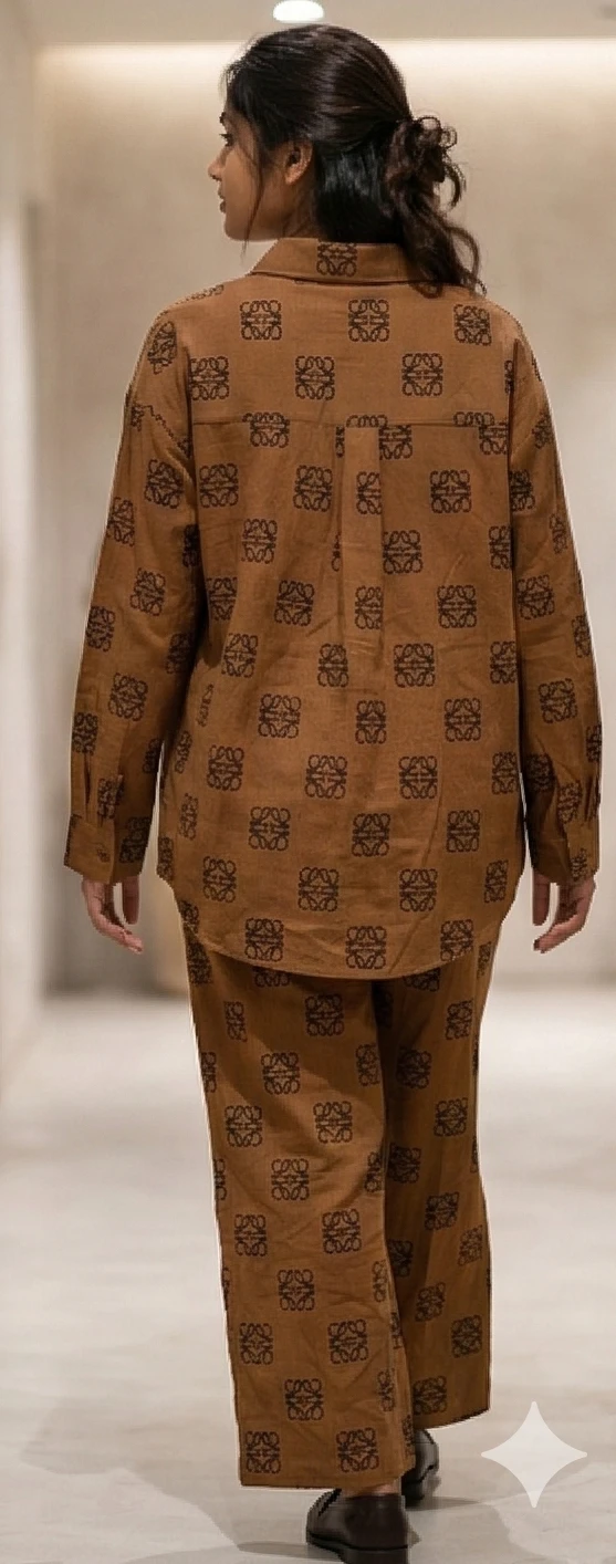 Women’s Tan Monogram Print Co-ord Set - Oversized Button-Down Shirt & Wide-Leg Trousers